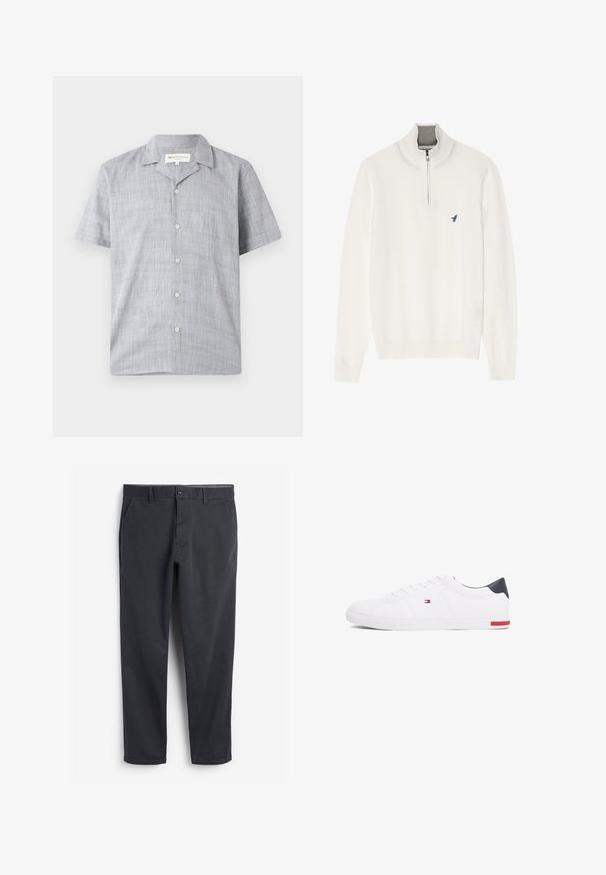 Weißer Pullover mit grauem Reißverschlusskragen, langen Ärmeln und einem kleinen blauen Vogel-Logo auf der Brust. Weiche, glatte Textur.; Kurzarmhemd in Hellgrau, aus strukturiertem Stoff. Mit Kragen, sechs Knöpfen und einer lockeren Passform.; Dunkelgraue Chinos mit flachem Bund, Seitentaschen und Knopfverschluss. Glattes Baumwollgewebe, taillierter Beinschnitt und minimalistischer Stil.; Weißes Low-Top-Sneaker aus glattem Leder. Mit einem marineblauen Fersenstück und einem roten Akzent an der Sohle. Sechs Ösen für die Schnürsenkel.