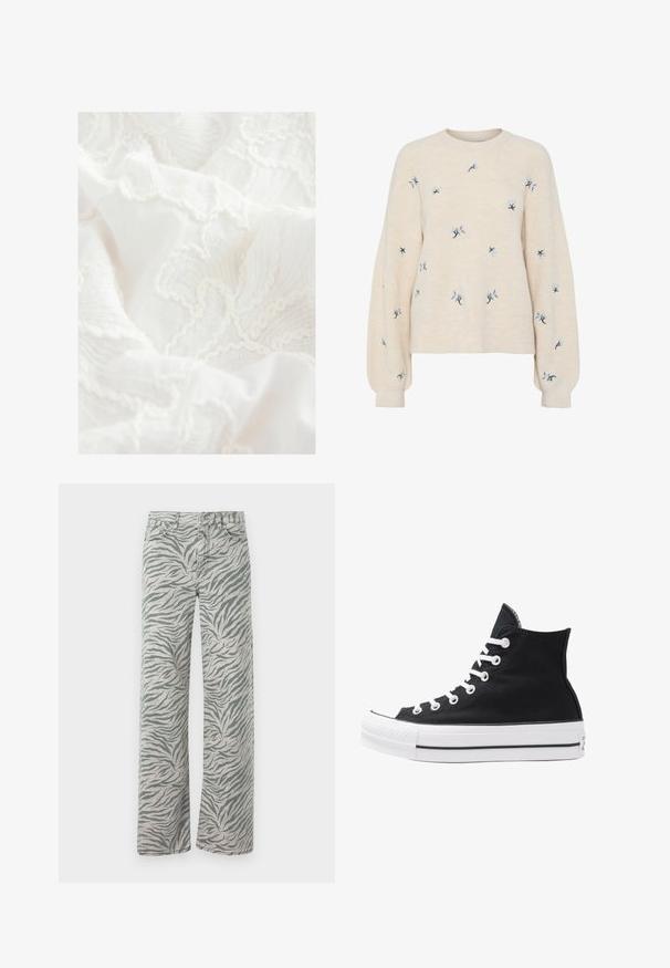 Bežinė megztinė su raukšlėta tekstūra, puošni mėlynomis gėlių siuvinėjimais. Apykaklė suapvalinta, laisvos ilgomis rankovėmis.; Next REGULAR FIT EMBROIDERED LONG SLEEVE - Užsagstoma palaidinė - white; Šviesiai pilkos džinsai su tigriniu dryžių raštu tamsiai pilkos spalvos. Jie turi tiesius sijonus ir tradicinį džinsų siuvimą.; Juodos aukštos kanvas sportbačiai su baltais akių angomis, raišteliais ir guma padais. Yra tekstūruotas pirštų gaubtas ir juodai baltos juostos akcentai.