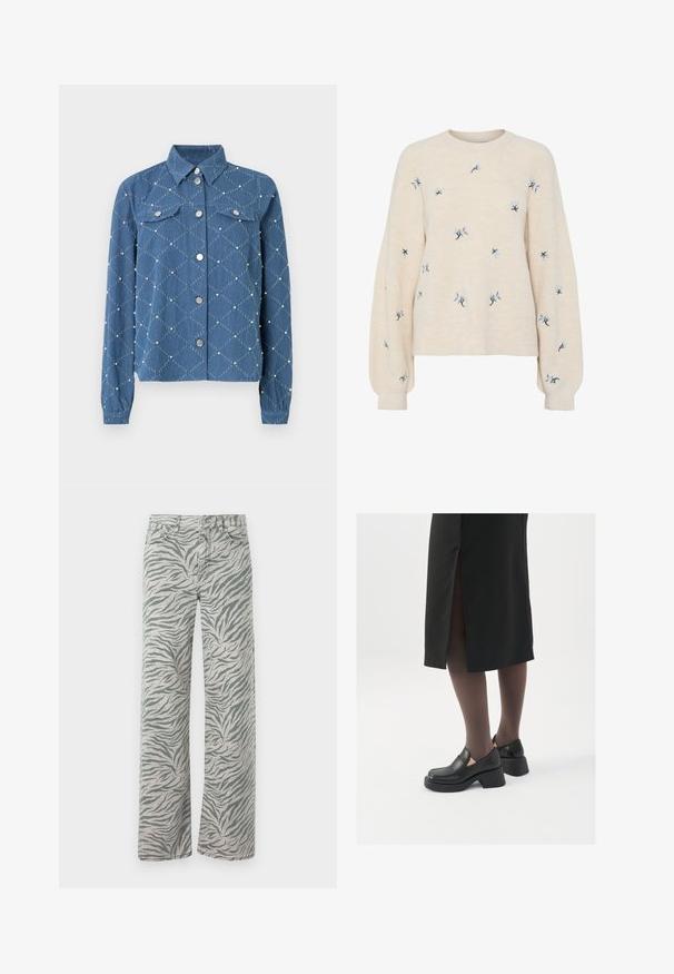 Maglione beige con texture a coste, caratterizzato da ricami floreali blu. Collo rotondo e maniche lunghe, morbide.; Giacca di denim con motivo a diamante, colore azzurro chiaro, bottoni a pressione metallici, due tasche sul petto e dettagli testurizzati di piccole perline bianche.; Jeans grigi chiari con un motivo a strisce di tigre grigio scuro. Presentano un design a gamba dritta e una cucitura in denim tradizionale.; Scarpe in pelle nera con punta arrotondata, tacco spesso a blocco e accenti laterali in elastico, abbinate a collant scuri e una gonna nera con uno spacco.