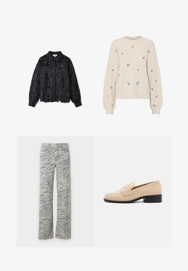 Beige sweater with ribbed texture, featuring blue floral embroidery. Round neckline and loose, long sleeves.; Black lace blouse with floral cutouts, collar, button front closure, and tapered sleeves. Textured fabric with an open design throughout.; Light gray jeans with a tiger stripe pattern in dark gray. They feature a straight-leg design and traditional denim stitching.; Beige leather loafers with a crocodile texture, featuring a square toe and three metallic star accents on the top. Black low heel.