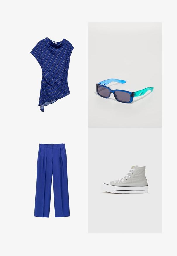 Hellgrauer Kapuzenpullover mit abgerundetem Saum, langen Ärmeln und einem bunten Fruchtmotiv auf der Brust in Orange, Lila und Grün.; Blaues asymmetrisches Oberteil aus leichtem Stoff, mit weißen vertikalen Streifen und einem drapierten Design mit Rundhalsausschnitt.; Weite Hosen aus leuchtend blauem Stoff, mit hoher Taille, Falten und Seitentaschen. Glatte Textur mit maßgeschneidertem Sitz.; Hochschuh-Sneaker aus hellgrauem canvas, mit weißen Schnürsenkeln, einer weißen Gummisohle und einem schwarzen Streifen am Boden.; Blaue und grüne Sonnenbrille mit rechteckigen Gläsern; transparente Fassung; strukturierte blaue Bügel; dunkle Gläser; auffällige Markenkennzeichnung an der Seite.