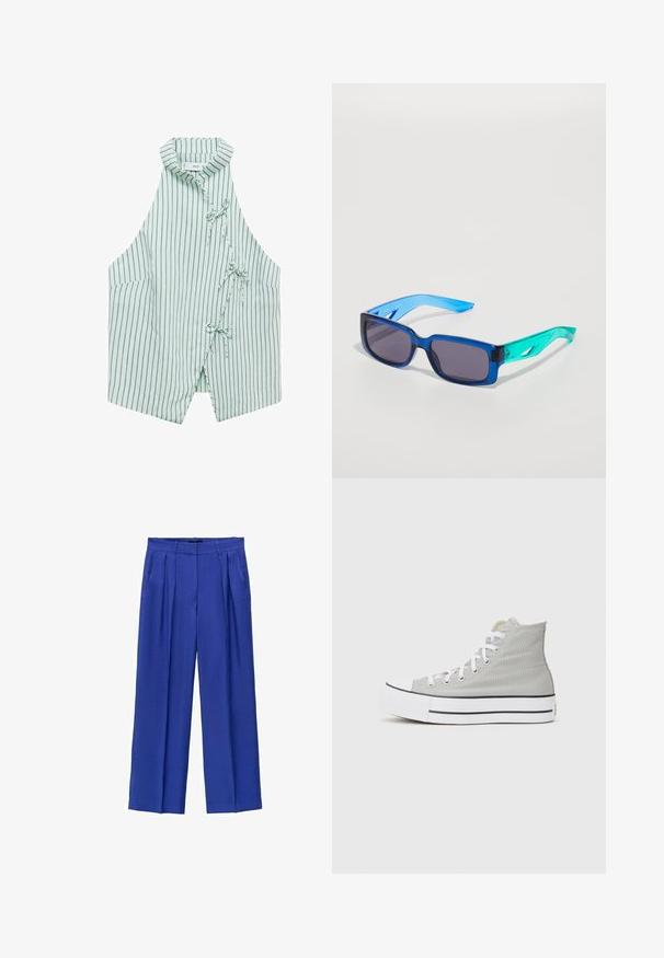 Lichtgrijze sweatshirt met een capuchon, voorzien van een afgeronde onderkant, lange mouwen en een kleurrijke fruitafbeelding op de borst in oranje, paars en groen.; Lichtgroene mouwloze vest met marineblauwe verticale strepen, een mandarin kraag en drie strikjes aan de voorkant. Zachte stof met een gladde textuur.; Wijd-uitlopende broek in felblauwe stof, met een hoge taille, plooien en zijzakken. Gladde textuur met een getailleerde pasvorm.; Hoge sneakers van lichtgrijs canvas, met witte veters, een witte rubberen zool en een zwarte streep langs de basis.; Blauwe en groene zonnebril met rechthoekige lenzen; transparante montuur; gemodelleerde blauwe armen; donkere lenzen; opvallende branding aan de zijkant.