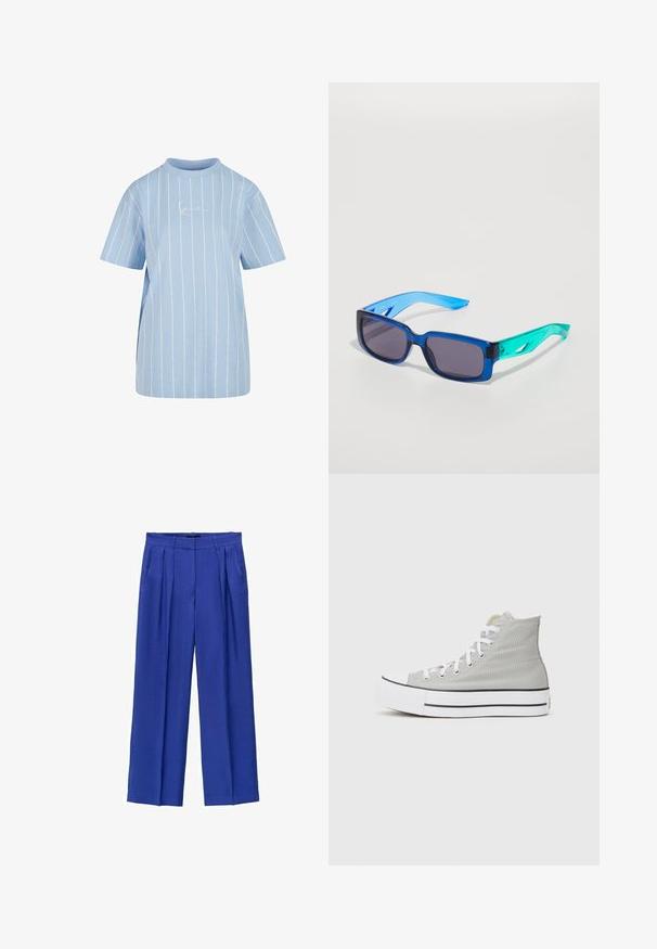 Svetlošedá mikina s kapucňou, s oblečeným spodkom, dlhými rukávmi a farebnou ovocnou grafikou na hrudi v oranžovej, fialovej a zelenej farbe.; Svetlomodré tričko s horizontálnymi bielymi pruhmi, krátkymi rukávmi, vysokým golierom a jemne vyšívaným logom na prednej strane.; Široké nohavice v jasne modrom materiáli, s vysokým pásom, prešívaním a bočnými vreckami. Hladká textúra s precíznym strihom.; Vysoké tenisky svetlosivej plátno, s bielymi šnúrkami, bielou gumovou podrážkou a čiernym pruhom pozdĺž spodnej časti.; Modré a zelené slnečné okuliare s obdĺžnikovými šošovkami; priehľadné rámy; textúrované modré ramienka; tmavé šošovky; výrazné logo na boku.