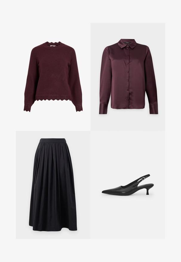 Burgundijas adīts džemperis ar garām piedurknēm, viļņotu dekoltē un teksturētu apakšmali ar zigzaga rakstu. Mīksts audums, pieguļoša forma.; Burgundijas satīna zălīšu blūze ar klasisku apkakli, garām piedurknēm un gludu tekstūru. Iekļauj priekšējo pogu rindas ar saskanīgām pogām.; Melna, līdz ceļiem garā svārku, kas izgatavota no viegla auduma, ar platām, salocītām jostām un krokotiem dizainiem, nodrošinot pilnu siluetu.; Melnas ādas slīdošās kurpes ar norādītu pirkstu un šauru, izliekta papēdi. Ar diskrētu regulējamu siksniņu ar metāla sprādzi.