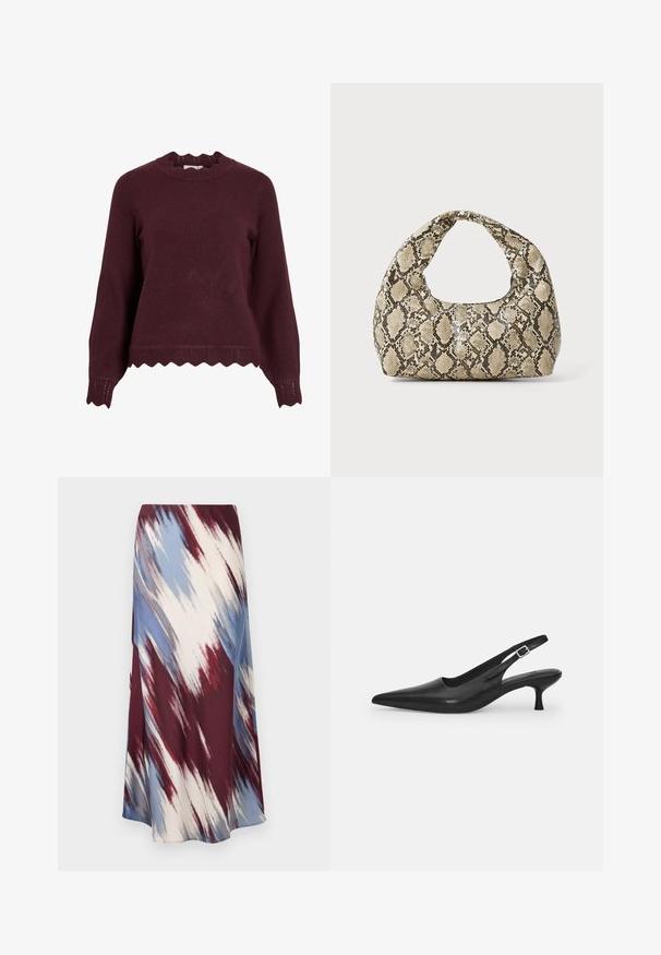 Burgundy neulepaita pitkähihaisilla, lievästi aaltoilevalla kaula-aukolla ja tekstuurilla varustetulla helmalla, jossa on siksak-kuvio. Pehmeä materiaali, tiukka muotoilu.; Pitkä hame, jossa on vino shibori-kuvio burgundinpunaisena, sinisenä ja kermanvärisenä, valmistettu pehmeästä kankaasta, jossa on valuvat siluetit ja hienoinen kiilto.; Mustan nahkainen slingback-kengät, joissa on terävä nenä ja kapea, kaareva korko. Varustettu huomaamattomalla säädettävällä hihnalla, jossa on metallinen solki.; Käärmeennahkakuosiset käsilaukku, jossa on kaareva kahva. Tehty teksturoiduista beigeistä ja ruskeista materiaaleista, joissa on erottuva timanttikuvio.