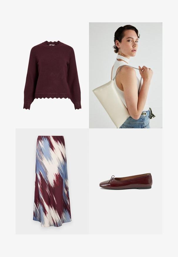 Bordowy sweter dzianinowy z długimi rękawami, dekoltem w falbanki i teksturowanym dołem z wzorem w zygzak. Miękki materiał, dopasowany krój.; Długa spódnica z skośnym wzorem tie-dye w kolorach burgundowym, niebieskim i kremowym, wykonana z miękkiego materiału o płynnej sylwetce i delikatnym połysku.; Bordowe baleriny z lakierowanej skóry z zaokrąglonym noskiem, małą kokardką z przodu oraz niską, czarną gumową podeszwą. Gładka tekstura.; Biała prostokątna kopertówka wykonana z błyszczącego materiału, z srebrnym łańcuszkiem. Modelka pozuje, prezentując torebkę na jednolitym tle.