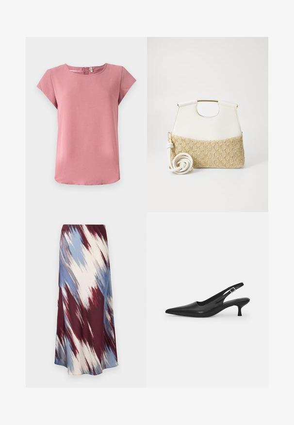 Pulover tricotat burgundy cu mâneci lungi, guler zimțat și tiv texturat cu un model în zigzag. Material moale, design ajustat.; Top scurt cu maneci scurte, de culoare roz, cu o textură fină, guler rotund și detalii cu fermoar la spate. Prezintă o croială lejeră și un tiv curbat.; Fustă lungă cu un model diagonal de tie-dye în burgund, albastru și crem, realizată dintr-un material moale cu o siluetă fluidă și o ușoară strălucire.; Sandal din piele neagră, cu vârf ascuțit și toc subțire, curbat. Are o curea ajustabilă discretă, cu o cataramă din metal.; Geantă de mână din piele albă, cu un fund din țesătură crem cu textură împletită. Dispune de un mâner de culoare aurie și o curea albă spiralată pentru versatilitate.