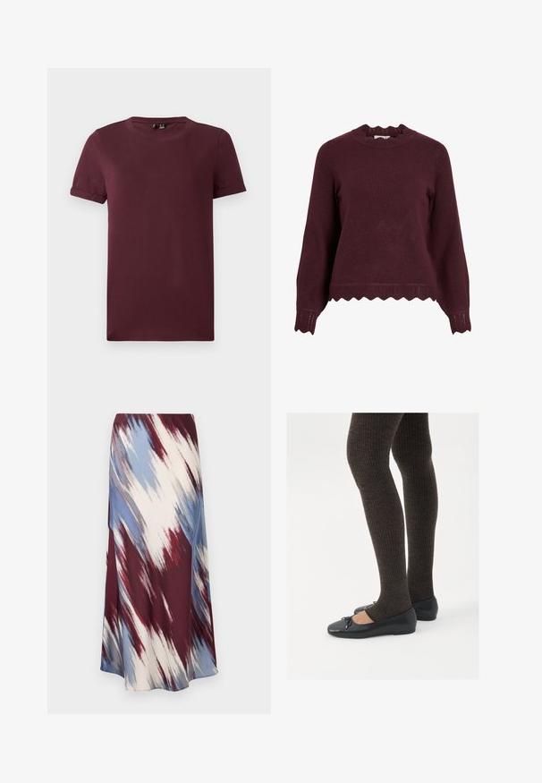 Burgundská pletená mikina s dlhými rukávmi, vykrojeným výstrihom a štruktúrovaným lemom s vlnkovým vzorom. Mäkký materiál, priliehavý strih.; Bordová tričko vyrobené z jemnej bavlny, s okrúhlym výstrihom, krátkymi rukávmi a voľným strihom, s hladkou textúrou a bez viditeľných vzorov.; Dlhá sukňa s diagonálnym vzorom tie-dye v burgundskej, modrej a krémovej farbe, vyrobená z jemnej látky s splývavým strihom a jemným leskom.; Čierne ploché topánky s malou mašľou na špičke, v kombinácii s tmavohnedými rebrovanými pančuchami. Topánky majú hladký povrch a nízky profil.