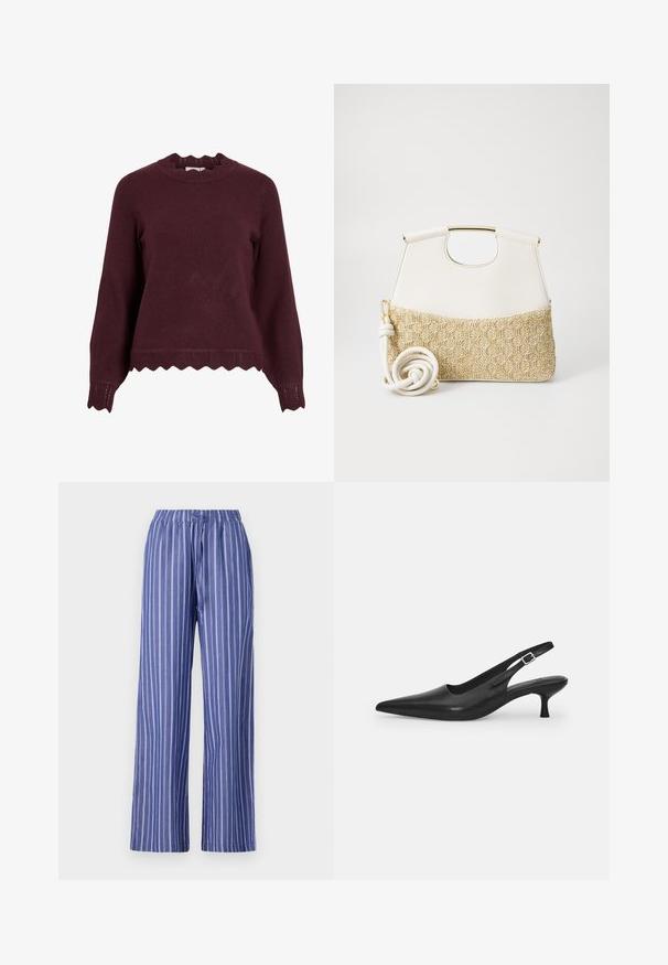 Κρασί πλέκτο πουλόβερ με μακριά μανίκια, κυματιστό λαιμό και υφασμάτιο τελείωμα με σχέδιο ζιγκ-ζαγκ. Μαλακό υλικό, εφαρμοστό σχέδιο.; Μπλε και λευκές ριγέ παντελόνες με φαρδιά γραμμή και ελαστική μέση, κατασκευασμένες από ελαφρύ ύφασμα, με άνετη εφαρμογή και λεία υφή.; Μαύρο δερμάτινο παπούτσι slingback με μυτερή μύτη και λεπτό, καμπυλωτό τακούνι. Διαθέτει διακριτό ρυθμιζόμενο λουράκι με μεταλλική πόρπη.; Λευκή δερμάτινη τσάντα χειρός με υφασμάτινη κάτω πλευρά σε κρεμ απόχρωση με υφή. Διαθέτει χρυσό χερούλι και πλεγμένο λευκό λουρί για ευελιξία.