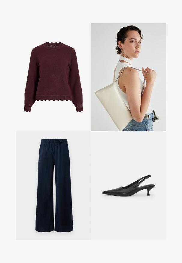 Burgundijas adīts džemperis ar garām piedurknēm, viļņotu dekoltē un teksturētu apakšmali ar zigzaga rakstu. Mīksts audums, pieguļoša forma.; Navy zila, plaša kāju velveta bikses ar elastīgu jostu, attēlotas uz baltas fona.; Melnas ādas slīdošās kurpes ar norādītu pirkstu un šauru, izliekta papēdi. Ar diskrētu regulējamu siksniņu ar metāla sprādzi.; Balts taisnstūra clutch soma, izgatavota no spīdīga materiāla, ar sudraba ķēdes siksnu. Modelis pozē, demonstrējot somu uz vienkārša fona.