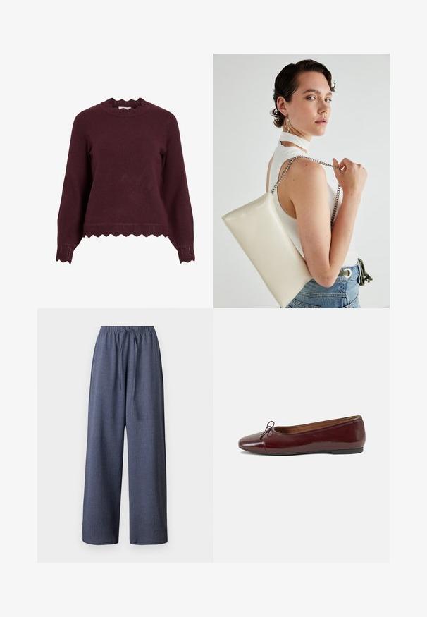 Burgundia värvi kudum, millel on pikad varrukad, laineline kaelus ning tekstureeritud äär, millel on siksakmuster. Pehme materjal, keha kallistav disain.; Tumes sinised laiad püksid, millel on tekstuurne kangas, elastne vöökoht ja reguleeritav lips. Taskud ei ole nähtavad.; Burgundi patendnahk kingad balletitüüpi, ümmarguse ninaosa, ees väike paelaaktsent ja madal must kummist tald. Sile tekstuur.; Valge ristkülikuline kotti, mis on valmistatud läikivast materjalist, hõbedase ahelsangaga. Mudel poseerib, tutvustades kotti ühtlase taustaga.