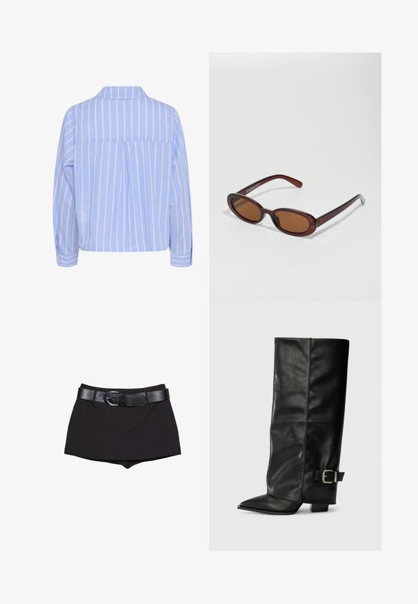 Niebieski, dzianinowy, bezrękawnik z dekoltem w serek, wzorem w warkocze, prążkowanymi brzegami oraz małym, czerwonym haftowanym logo na piersi.; Jasnoniebieska koszula z pionowymi białymi i różowymi paskami, z kołnierzykiem i długimi rękawami, z plisą z tyłu oraz zapięciem na guziki przy mankietach.; Czarne szorty o gładkiej fakturze, z szerokim czarnym paskiem i srebrną klamrą, skrojone w dopasowanym kroju z lekko podwyższonym stanem.; Czarne skórzane botki do kostek z ostrym noskiem, gładką fakturą i srebrnym zapięciem z boku. Gruby kwadratowy obcas.; Okrągłe, brązowe okulary przeciwsłoneczne z błyszczącą bordową oprawą. Cienkie ramiona z subtelnym detalem marki. Płaski kształt soczewek.