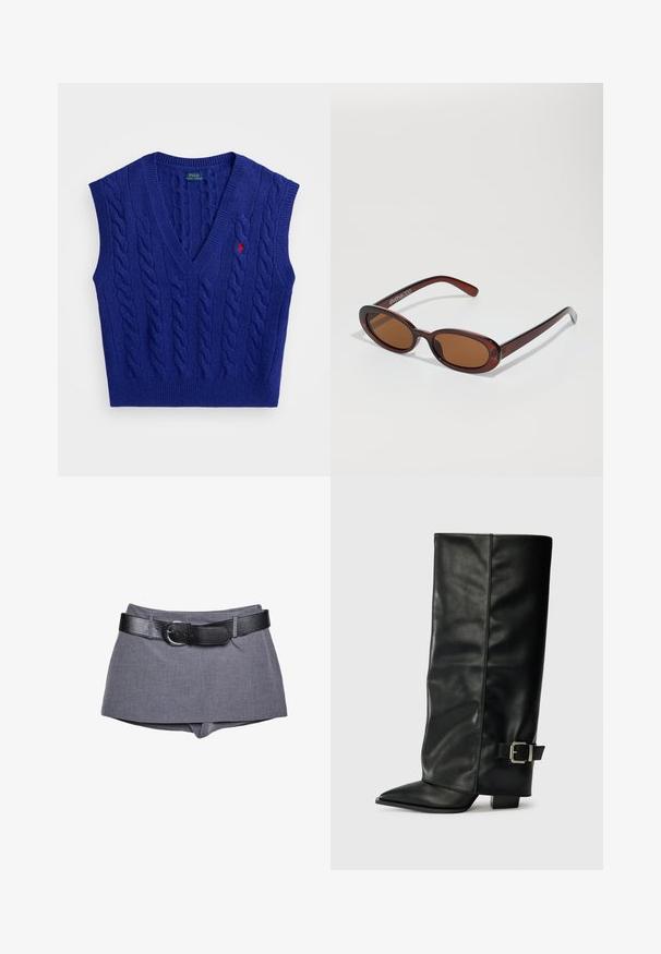 Blå strikket ærmeløs vest med V-udskæring, kabelmønster, ribbede kanter og et lille rødt broderet logo på brystet.; Grå stofshorts med en tætsiddende talje, der har et sort læderbælte med spænde. Glat tekstur, skræddersyet design og lige snit.; Sorte læder ankelstøvler i ankellængde med spids tå, glat tekstur og en sølvspændeaccents på siden. Kraftig firkantet hæl.; Runde, bruntonede solbriller med en glansfuld bordeauxramme. Slanke arme med diskret brandingdetalje. Flad linsedesign.; Brun ruskind taske med en blød, slouchy form. Har læderhåndtag og et tag-accent. Enkelt tekstur med buede sømme.