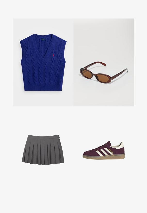 Gilet blu lavorato a maglia senza maniche con scollatura a V, motivo a trecce, bordi a costine e un piccolo logo rosso ricamato sul petto.; Top bianco a maniche lunghe realizzato in tessuto morbido e liscio. Presenta un collo a giro e una vestibilità slim con dettagli di cucitura minimi.; Gonna mini plissettata grigia con cintura a bottoni e una piccola decorazione con il logo sul lato destro.; Sneaker in camoscio bordeaux con tre strisce bianche e accenti beige. Presenta una suola in gomma testurizzata e un marchio dorato sul lato.; Occhiali da sole rotondi con tonalità marrone, montatura lucida color bordeaux. Aste sottili con un sottile dettaglio del marchio. Design delle lenti piatte.; Borsa a spalla in camoscio marrone scuro con zip argentata parzialmente aperta, ampia tracolla regolabile e fodera interna in tessuto nero.