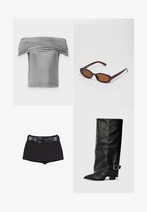 Niebieski, dzianinowy, bezrękawnik z dekoltem w serek, wzorem w warkocze, prążkowanymi brzegami oraz małym, czerwonym haftowanym logo na piersi.; Srebrna bluzka off-the-shoulder z gromadzonym wzorem, wykonana z błyszczącego materiału. Krótki, dopasowany krój z gładkim wykończeniem.; Czarne szorty o gładkiej fakturze, z szerokim czarnym paskiem i srebrną klamrą, skrojone w dopasowanym kroju z lekko podwyższonym stanem.; Czarne skórzane botki do kostek z ostrym noskiem, gładką fakturą i srebrnym zapięciem z boku. Gruby kwadratowy obcas.; Okrągłe, brązowe okulary przeciwsłoneczne z błyszczącą bordową oprawą. Cienkie ramiona z subtelnym detalem marki. Płaski kształt soczewek.
