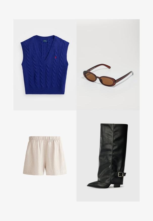 Blue knit sleeveless vest featuring a V-neck, cable pattern, ribbed edges, and a small red embroidered logo on the chest.; Light beige linen shorts with an elastic waistband, featuring a loose fit and simple hem. Smooth texture with a subtle, natural finish.; Black leather ankle-length boots with a pointed toe, smooth texture, and a silver buckle accent on the side. Chunky square heel.; Round, brown-tinted sunglasses with a glossy burgundy frame. Slim arms with subtle branding detail. Flat lens design.