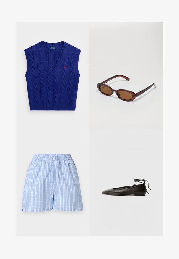Sininen neulottu hihaton liivi, jossa on V-pääntie, puikkokuvio, ribbireunat ja pieni punainen brodeerattu logo rinnassa.; Siniset ja valkoiset ruudulliset shortsit, joissa on joustava vyötärö ja säädettävä nauha. Pehmeää puuvillakangasta, rento istuvuus ja sivureiät.; Musta nahka ballet-flatit, joissa on terävä kärki, nilkkaremmiliitos ja litteä pohja, varustettuna sileällä pinnalla ja minimalistisella muotoilulla.; Pyöreät, ruskehtavat aurinkolasit, joissa on kiiltävä burgundinpunainen runko. Kapeat sivut, joissa on hienovarainen brändäys. Litteät linssit.