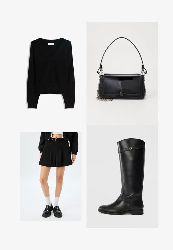 Musta V-pääntie pitkähihaisia neulepaitaa, jossa on resorit hihoissa ja helmassa, aseteltuna tasaiseksi valkoista taustaa vasten.; Musta poimutettu minihame vyöllä, valmistettu sileästä kankaasta. Yhdistetty kiiltävänahkaloafereiden ja valkoisten nilkkasukkien kanssa.; Polvistepit mustat nahkasaappaat, joissa on sileä pinta, hopeinen "SM"-koriste ja yksinkertainen muotoilu. Matala, tasainen kanta.; Musta lakattu nahkalaukku suorakaiteen muotoisena, ketjuhihnalla ja erottuvalla varustusesineellä keskellä. Siveltimellinen pinta.