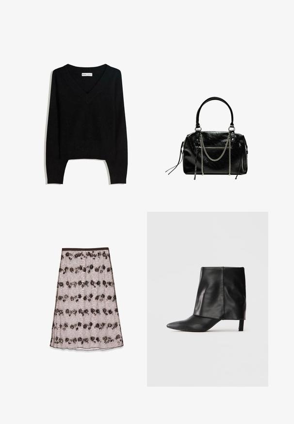 Pull-over en tricot noir à col en V, à manches longues, avec des poignets et un ourlet côtelés, posé à plat sur un fond blanc.; Jupe midi en dentelle rose clair avec des motifs floraux brun foncé et bronze, ornée de sequins et dotée d'une taille lisse.; Botte noire en cuir mi-mollet avec bout pointu, tige supérieure repliée et petit talon élancé, se tenant sur fond blanc.; Bershka WITH CHAIN - Sac à main - black