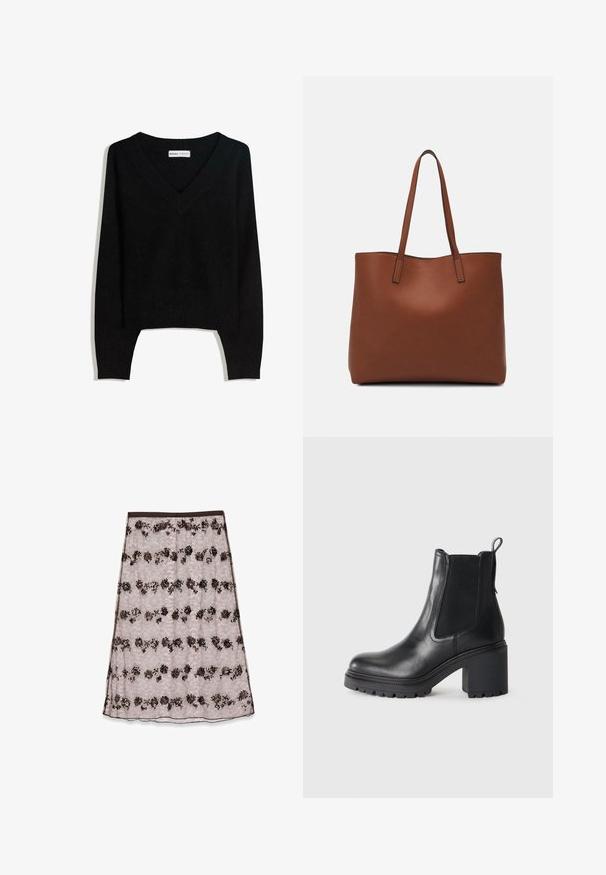 Black V-neck long-sleeve knitted sweater with ribbed cuffs and hem, laid flat on a white background.; Lace midi skirt in light pink with floral patterns in dark brown and bronze, featuring sequins and a smooth waistband.; Black leather ankle boot with a chunky heel, elastic side panels, and a pull tab at the back. Textured sole for added grip.; Brown leather tote bag with a smooth texture, open top design, and two shoulder straps. Features minimal stitching and no visible hardware.