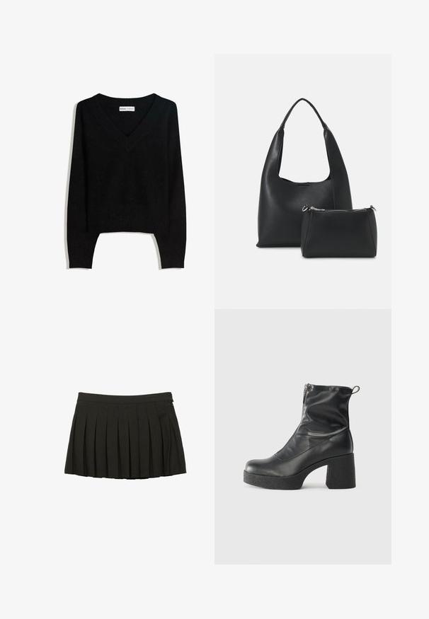 Fekete V-nyakú, hosszú ujjú kötött pulóver bordázott mandzsettával és szegéllyel, fehér háttéren elhelyezve.; Fekete plissé mini szoknya férfias derékpánttal és oldalsó cipzárral, fehér háttérrel bemutatva.; Fekete bokacsizmák sima bőrből, oldalsó cipzárral, vastag, texturált sarkú és lekerekített orrú dizájnnal.; Even&Odd Kézitáska - black