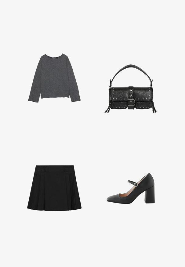 Grauer, langärmeliger Oberteil mit rundem Halsausschnitt und überschnittenen Schultern. Hergestellt aus einem weichen, strukturierten Material mit lockerer Passform und kurzem Saum.; Mango Faltenrock - black; Schwarze Leder-Mary-Jane-Absätze mit einer spitzen Zehenpartie und einem dicken Blockabsatz. Verfügt über einen dünnen verstellbaren Riemen über dem Fuß.; Schwarze, strukturierte Leder-Schultertasche mit Schnallenverschluss, Metallnieten entlang der Kanten, zwei kleinen Fronttaschen und kurzem Tragegurt.