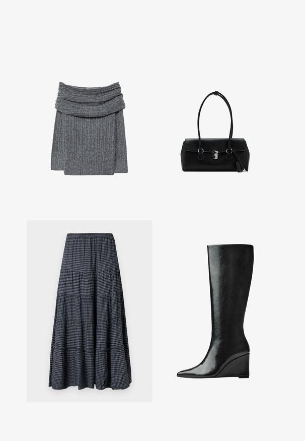 Sivý rebrovaný sveter s širokým, prehnutým golierom a útulnou textúrou. Dizajn je jednoduchý a minimalistický bez viditeľného brandingu.; Maxi sukňa s volánmi v námorníckej kárované vzore, s elastickým pásom, viacerými vrstvami látky a mäkkým, textúrovaným povrchom.; Čierne kožené topánky po kolená s úzkym, špicatým nosom a klínovým podpätkom. Povrch je hladký s lesklým povrchom.; Čierna kožená kabelka s hladkou textúrou, štruktúrovaným dizajnom, dvojitými uchami a strieborným detailom na zapínaní v strede.