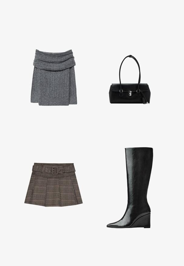 Siv svilen pulover z širokim zavihanjem ovratnika in udobno teksturo. Oblikovanje je preprosto in minimalistično, brez vidnega blagovne znamke.; Karo mini krilo v črni, rjavi in bež barvi. Ima pas z obrobo, pliseje in strukturirano tkanino z geometričnim vzorcem.; Črne usnjene škornje do kolen s sleek, koničastim nosom in klinastim peto. Površina je gladka z sijočim slojem.; Črna usnjena torbica z gladko teksturo, strukturirano zasnovo, dvema ročkama in s srebrnim sponko na sredini.