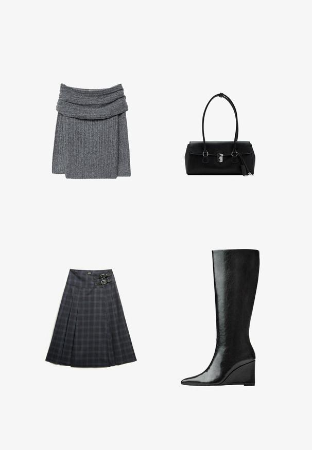 Szary sweter prążkowany z szerokim, złożonym kołnierzem i przyjemną w dotyku teksturą. Projekt jest prosty i minimalistyczny, bez widocznego logotypu.; Plisowana spódnica do kolan w ciemnoszarym kolorze z niebieską kratką, z dwoma czarnymi klamrami w pasie do regulacji i płaskim pasem.; Czarne skórzane kozaki sięgające do kolan, z eleganckim, spiczastym noskiem i obcasem w kształcie klina. Powierzchnia jest gładka o błyszczącym wykończeniu.; Czarna skórzana torebka o gładkiej fakturze, usztywnionym fasonie, podwójnych uchwytach i srebrnym zapięciu na środku.