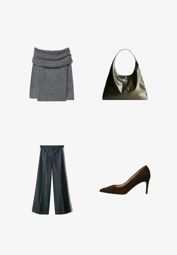 Maglione grigio a costine con un ampio colletto ripiegato e una texture accogliente. Il design è semplice e minimalista, senza alcun marchio visibile.; Pantaloni in denim a gamba larga con un lavaggio scuro, caratterizzati da pieghe frontali e righe laterali bianche a contrasto per un tocco in più.; Pumps in suede marrone con tacco alto, punta affusolata, texture liscia e tacco stiletto sottile. Design semplice senza elementi hardware visibili.; Borsa a spalla in pelle verde oliva con una finitura liscia e lucida. Presenta una parte superiore arrotondata e una forma morbida e drappeggiata. Design minimalista.