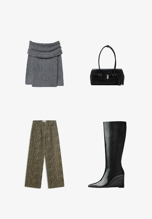 Sivi rebrasti pulover s širokim, preklopnim ovratnikom i ugodnom teksturom. Dizajn je jednostavan i minimalistički, bez vidljivog brendiranja.; Traperice s leopard uzorkom u nijansama smeđe i crne. Visoki struk, s ravnim krojem i tradicionalnim stilom s pet džepova.; Čizme od crne kože do koljena s elegantnim, šiljastim vrhom i potplatom na klin. Površina je glatka s sjajnim završetkom.; Crna kožna torba s glatkom teksturom, strukturiranim dizajnom, dvostrukim ručkama i detaljem od srebra na kopčanju u sredini.