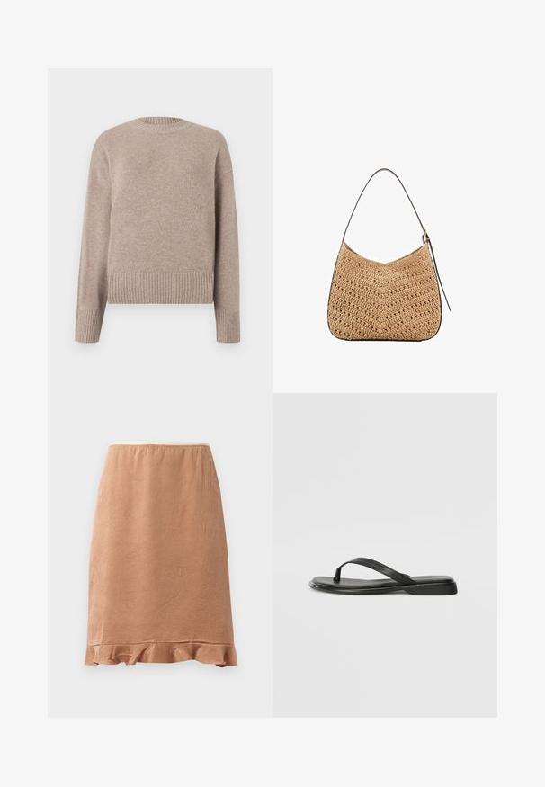 Bež pleteni džemper s okruglim izrezom, rebrastim manžetama i rubom. Mekana tekstura i opušteni kroj, pogodno za ležernu odjeću.; Smeđa suknja teksture s volanima na rubu, izrađena od mekog materijala koji lagano pada, dizajnirana s elastičnom elastikom za udobnost.; Crne japanke od glatke kože, s tankim remenčićem i ravnim potplatom minimalističkog profila. Bez značajnih uzoraka ili akcenata.; Tkana torba od slame s zakrivljenim oblikom, s tamnom kožnom trakom i teksturiranom površinom s chevron uzorkom.; Umjetničke naušnice zlatnog tona imaju nepravilne teksturirane oblike, ukrašene zelenim draguljima i bijelim biserima, pričvršćene kopčama za uši.