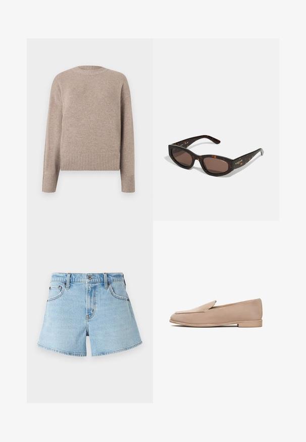 Beige gebreide trui met een ronde hals, geribde manchetten en zoom. Zachte textuur en relaxed fit, geschikt voor casual draag.; Lichtblauwe denim shorts met een klassiek vijf-pocket ontwerp, geborduurde accenten en een rauw afgewerkte zoom. Voorzien van een metalen knoop en ritssluiting.; Beige suède instappers met een lage hak, amandelvormige neus en gestikte details langs de randen. Gladde textuur en minimalistisch ontwerp.; Bruine schildpadzonnebril met een rechthoekige vorm, donkerbruine lenzen en gouden 'vogue'-branding op de pootjes.; Heldere en amber harsringen, de ene glad en transparant, de andere met een gestructureerde, amberkleurige afwerking. Beide hebben afgeronde, chunky ontwerpen.
