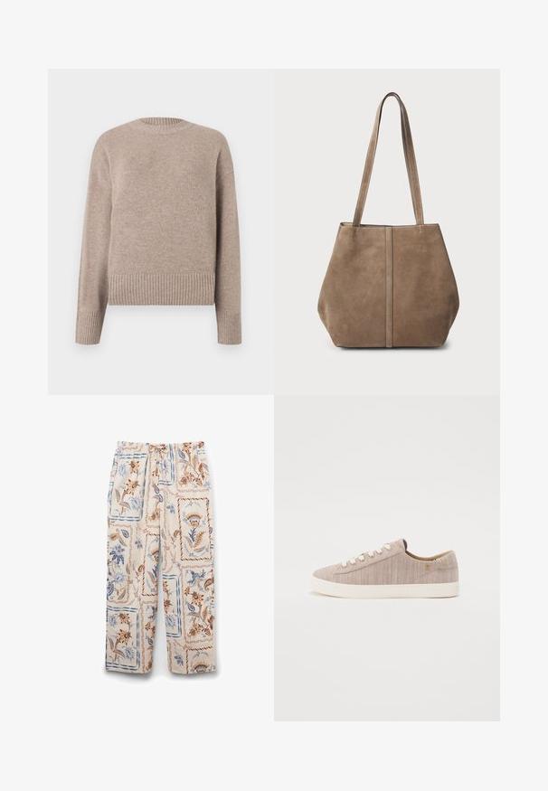 Maglione beige a maglia con collo rotondo, polsini e orlo a coste. Tessuto morbido e vestibilità comoda, adatto per un look casual.; Pantaloni da pigiama leggeri di colore crema con un motivo floreale marrone e blu, con vita elastica e vestibilità ampia.; Sneaker in tela beige chiaro con superficie texturizzata, punta rotonda, occhielli bianchi e soletta in gomma crema. Design minimalista con accenti sottili.; Borsa tote in suede marrone con due lunghe maniglie, dettaglio con cucitura verticale sulla parte anteriore e una texture morbida. Design spazioso adatto per l'uso quotidiano.