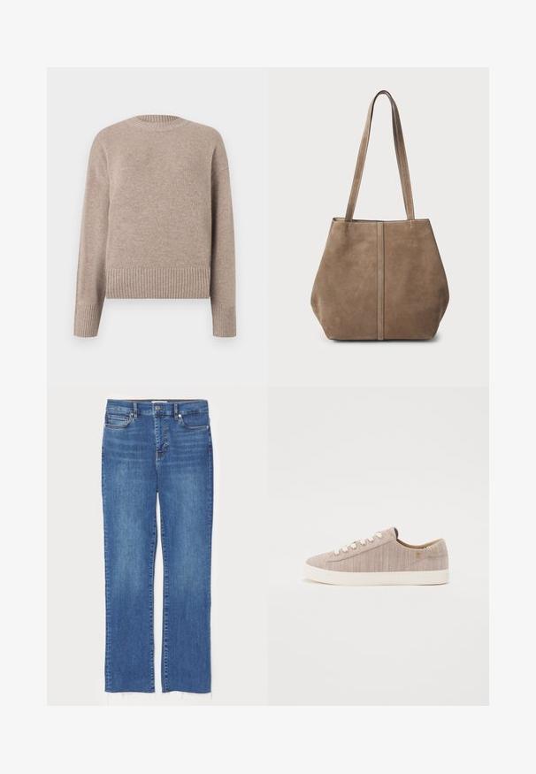 Bežs adīts džemperis ar apaļu kaklu, ribotām piedurknēm un apakšmalu. Mīksta tekstūra un brīvs griezums, piemērots ikdienas valkāšanai.; Zili džinsi ar taisnu griezumu, ar pogu un rāvējslēdzēja aizdari, piecām kabatām un plīstošiem apakšmalām.; Gai beigu auduma sporta kurpes ar teksturētu virsmu, apaļu pirkstu daļu, baltām acīm un krēmkrāsas gumijas zoli. Minimalistisks dizains ar smalkiem akcentiem.; Brūns zamšs iepirkumu soma ar divām garām rokturiem, vertikāla šuvju detaļa priekšpuses daļā un mīksta tekstūra. Plaša konstrukcija, kas piemērota ikdienas lietošanai.