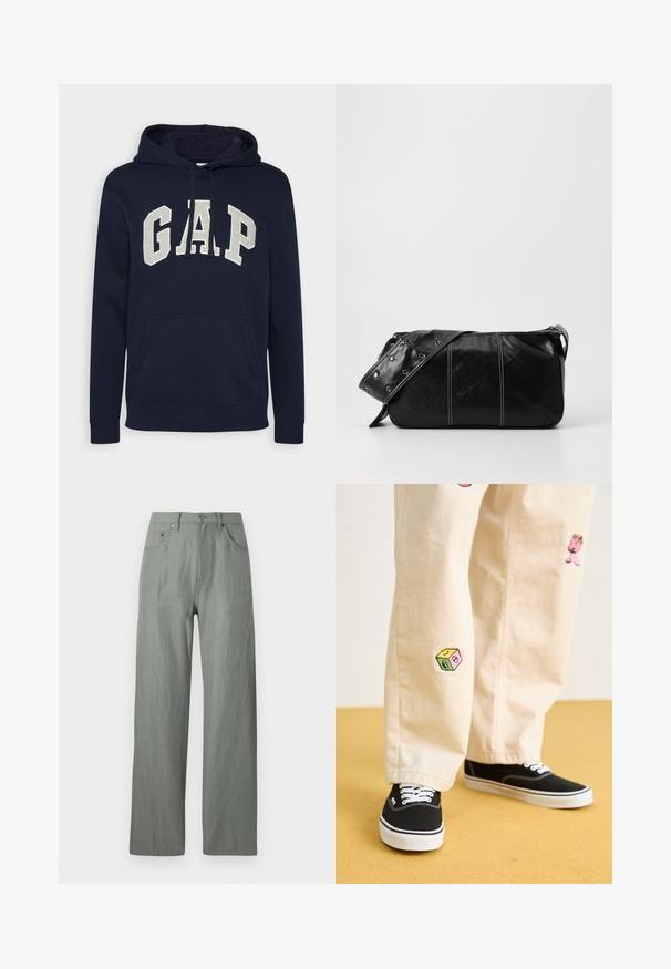 Mornaricno plavi pamučni dukserica s velikim, svijetlosivim "GAP" logotipom, prednjim džepom i špagama na kapuljači. Klasičan dizajn s rebrastim manžetama.; Svijetlozeleni, široki hlače od mekog, teksturiranog materijala. Značajke uključuju prednje kopčanje na gumb i pet džepova.; Bež pamuk hlače s razigranim izvezenim dizajnima, uključujući ružičasti lik i obojene blokove, uparene s crnim vezicama za cipele.; Crna kožna torba preko ramena s zatvaranjem na patentni zatvarač, s teksturiranim tijelom, bijelim šavovima i remenom sa srebrnim okovima.