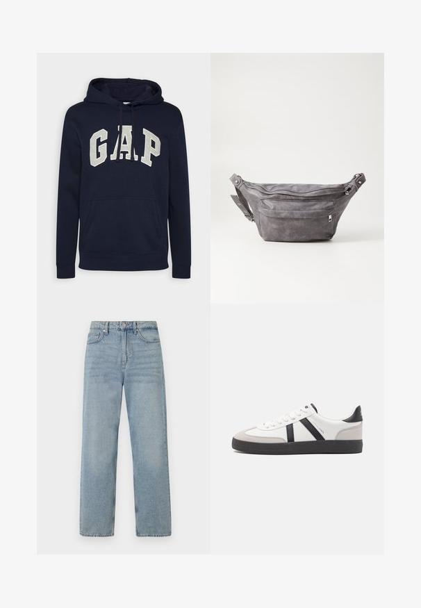 Tumši zilas krāsas kokvilnas sudrabvīrs ar lielu, gaiši pelēku "GAP" logotipu, priekšējo kabatu un auklītēm uz kapuces. Klasisks dizains ar ribotām piedurknēm.; Gai zili džinsi ar augstu jostasvietu, taisnu kāju dizainu, piecām kabatām un nelielu izbalēšanu, lai radītu nodiluma efektu.; Baltas sneakeris ar melniem un pelēkiem akcentiem, kuram ir teksturēts pelēks purngals, melna gumijas zole un plakanas baltas šņores. Tīrs dizains, minimālisma stils.; Pelēks zamšādas jostas somiņa ar noapaļotu formu, divām kabatām ar rāvējslēdzējiem un regulējamu siksnu. Iekļauj metāla aksesuārus.