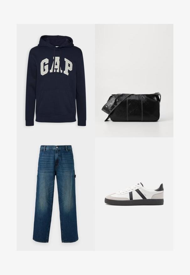 Marineblå bomuldshoodie med et stort, lys gråt "GAP" logo, forlommeklap og snore i hætten. Klassisk design med ribbede manchetter.; Bredde ben blå denim bukser med falmede accenter, der har en traditionel knap- og lynlåslukning samt en sidelomme til venstre.; Hvide sneakers med sorte og grå detaljer, med en tekstureret grå tåhætte, sort gummisål og flade hvide snørebånd. Rent design, minimalistisk stil.; Sort læder skuldertaske med lynlås, der har en tekstureret overflade, hvid syning og en rem med sølvøskner.