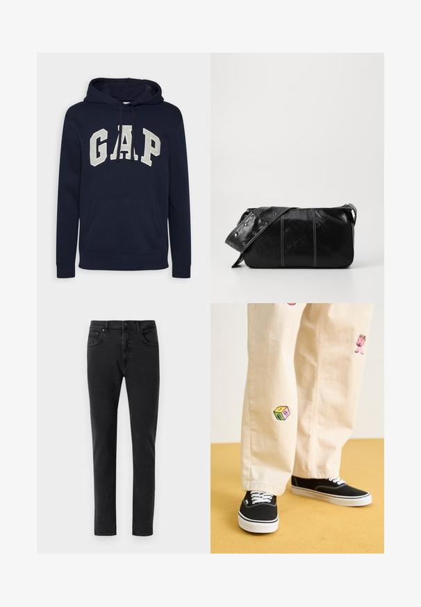 Sudadera de algodón azul marino con un gran logotipo "GAP" en gris claro, bolsillo frontal tipo canguro y cordones en la capucha. Diseño clásico con puños acanalados.; Jeans de mezclilla negra con corte ajustado, que presentan un clásico diseño de cinco bolsillos y detalles de costura mínimos. Textura suave, cinturilla estándar.; Pantalones de algodón beige con divertidos diseños bordados que incluyen un personaje rosa y un bloque de color, combinados con zapatillas negras de cordones.; Bolso de hombro de cuero negro con cierre de cremallera, que presenta un cuerpo texturizado, costuras blancas y una correa con ojales plateados.