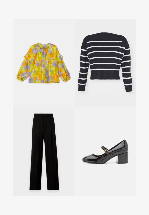 Afskåret sweater i marineblå med hvide vandrette striber. Har ribbet halsudskæring og manchetter, samt tekstureret strik gennem hele designet.; Langærmet bluse i et livligt gult, orange og lilla blomsterprint. Har en indsamlet halsudskæring og en bundet frynse detalje foran.; Sort vide bukser lavet af glat stof, med høj talje, pressefolder foran og et rent, skræddersyet design uden udsmykninger.; Stuart Weitzman STUART - Pumps - black