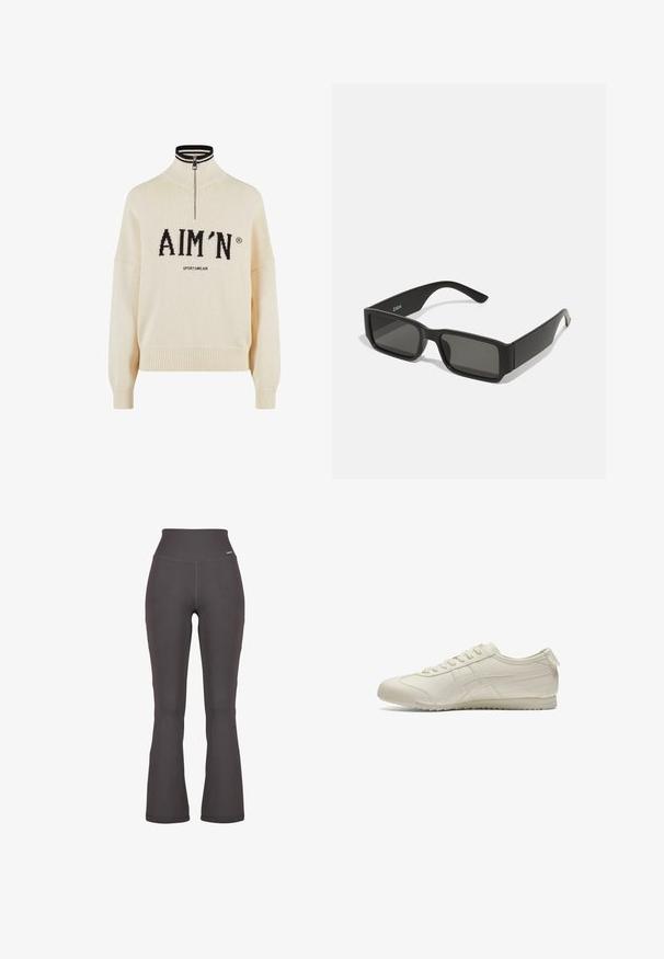 Kremowy sweter z wysokim kołnierzem i ćwiartkowym zamek, z czarnym logo "AIM'N" i napisem "SPORTSWEAR", ściągacze rękawów i dołu, splot dziany.; Czarne, zaciemnione leginsy z falbankami, wykonane z elastycznego materiału; gładka faktura z subtelnymi detalami w szwie.; Beżowe buty sportowe z gładką skórzaną cholewką, sznurowaniem, teksturowaną podeszwą i subtelnym logo po boku.; Czarne okulary przeciwsłoneczne z prostokątnymi soczewkami, matowa plastikowa oprawka i proste krawędzie. Posiadają logo marki na wewnętrznej stronie ramienia.