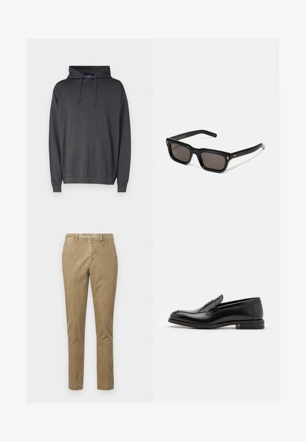 Felpa grigia realizzata in morbido tessuto, dotata di tasca a marsupio frontale, cappuccio con lacci e polsini e orlo a coste.; Pantaloni in corduroy beige con taglio dritto, dotati di chiusura a bottone e tasche frontali. Tessuto liscio con motivo a righe visibili.; Mocassini neri in pelle con una texture liscia, punta arrotondata e una striscia decorativa sulla tomaia. Tacco basso impilato, design minimalista.; Occhiali da sole neri rettangolari con lenti scure, montatura spessa in plastica, dettagli dorati sulle tempie e logo del marchio inciso sull'asta.
