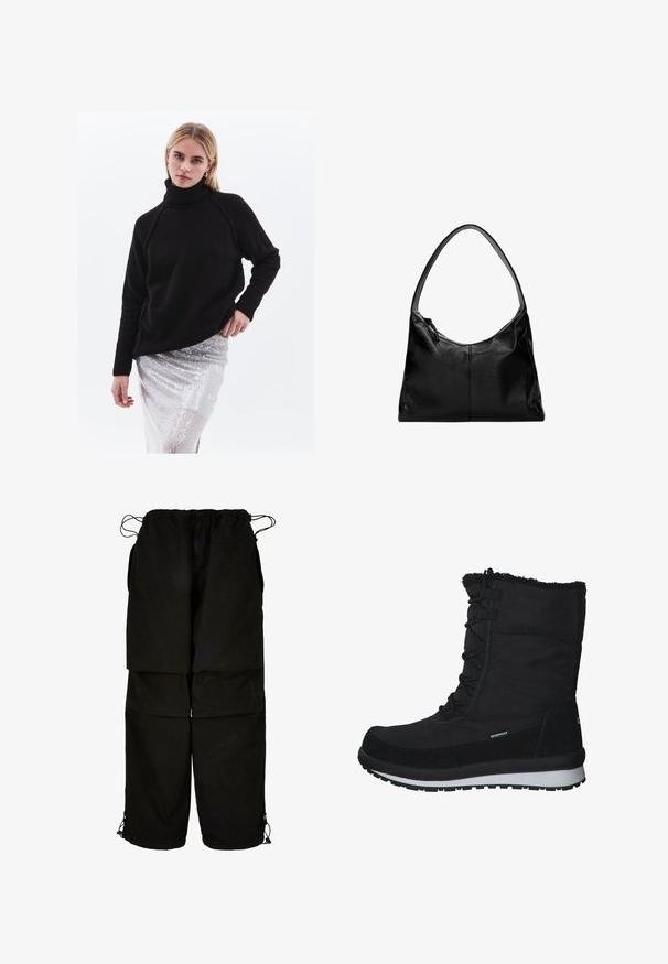Czarny sweter z golfem wykonany z teksturowanej dzianiny, z prążkowanymi mankietami i dołem. Noszony na błyszczącej srebrnej spódnicy z cekinami.; Czarne spodnie wykonane z lekkiego materiału, z regulowanym paskiem w talii i ściągaczami u dołu. Zaprojektowane w luźnym, oversize'owym kroju z wieloma kieszeniami.; CMP HARMA SNOW WP - Śniegowce; Czarna skórzana torba na ramię o gładkiej fakturze, zaokrąglonym wierzchu i pojedynczym pasku. Posiada zamek błyskawiczny i minimalistyczny design.