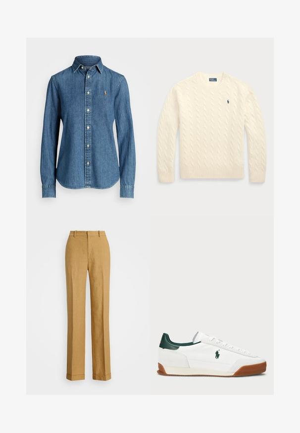 Kremfarget kabelstrikket genser laget av mykt materiale, med rund hals, ribbestrikkede mansjetter og nederkant, samt en liten blå logo på brystet.; Denim skjorte med knapper i mørkeblå farge, lange ermer, klassisk krage og en liten brodert logo på brystet. Har metallknapper.; Polo Ralph Lauren YARD LINEN FULL FLAT FRONT - Bukse - sand dune; Hvite sneakers med grønne lærdetaljer og en tan gummisåle. Har en stoffoverdel og en fremtredende logo på siden. Snøring.
