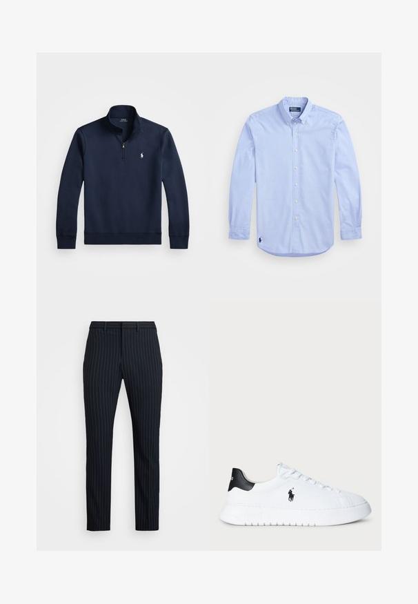 Temno modra pulover majica s četrt zadrgo, izdelana iz gladkega blaga. Ima majhen bel logotip na prsih in rebraste manšete.; Svetlo modra srajca z dolgimi rokavi s gumbi in gumbnim ovratnikom ter temno izvezenim logotipom na spodnjem levem sprednjem delu.; Mornarske prugaste hlače s uskim krojem, ki imajo ravno sprednjo stran, zanko za pas in gladko teksturo. Prilagojen dizajn s čistim zaključkom.; Bela nizka športna obutev s črnim petnim delom in črnim logotipom Polo Ralph Lauren na strani, z belimi vezalkami in debelim gumijastim podplatom.