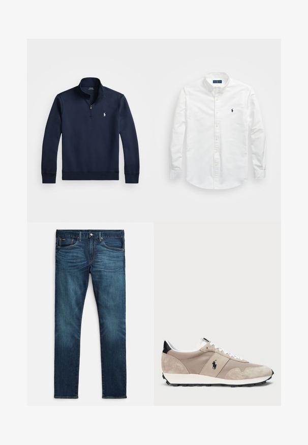 Granatowy sweter z półkołnierzem, wykonany z gładkiego materiału. Posiada małe białe logo na piersi oraz prążkowane mankiety.; Biała koszula z długim rękawem, wykonana z bawełny. Posiada wyrazisty kołnierzyk, długie rękawy oraz małe granatowe logo na klatce piersiowej. Gładka faktura.; Ciemnoniebieskie dżinsy z denimu o dopasowanym kroju, wyposażone w pięć kieszeni, kontrastujące pomarańczowe przeszycia oraz prostą nogawkę.; Beżowe buty sportowe z cholewką z zamszu i siateczki, białymi sznurowadłami, czarnymi akcentami na pięcie oraz teksturowaną gumową podeszwą.