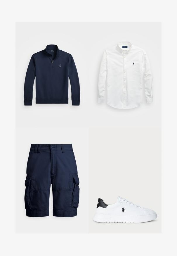 Maglione girocollo blu navy con zip a quarto, realizzato in un tessuto liscio. Presenta un piccolo logo bianco sul petto e polsini a coste.; Camicia bianca con bottoni realizzata in cotone. Presenta un colletto a punta, maniche lunghe e un piccolo logo blu navy sul petto. Texture liscia.; Pantaloncini cargo blu navy realizzati in tessuto resistente, con tasche laterali, chiusura con bottone e dettagli cuciti per una texture definita.; Sneaker bassa bianca con tallone nero e logo Polo Ralph Lauren nero sul lato, dotata di lacci bianchi e suola in gomma spessa.