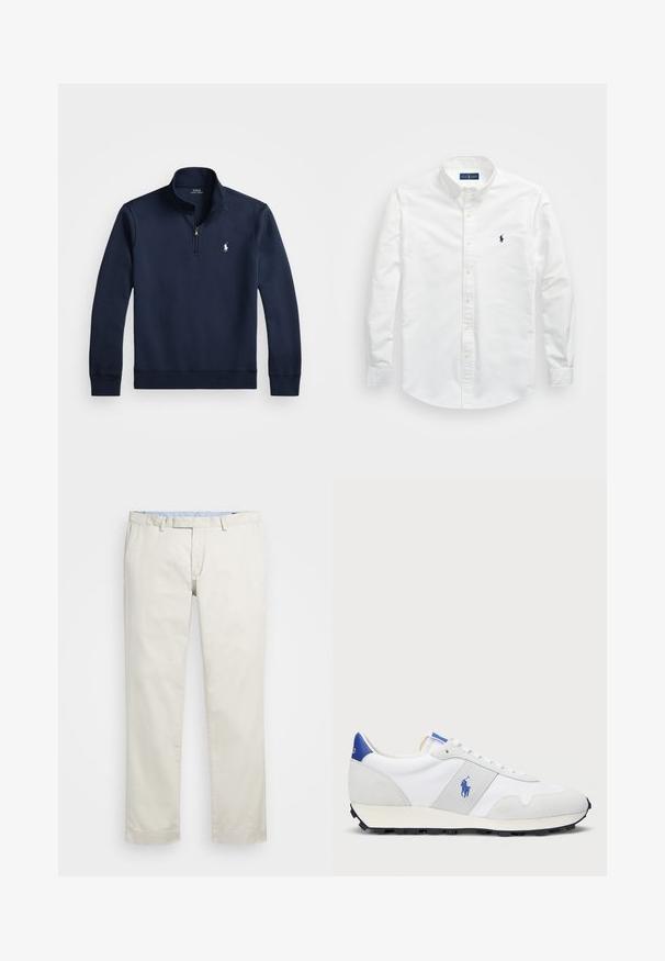 Marineblå genser med kvart glidelås, laget av et glatt stoff. Har en liten hvit logo på brystet og ribbede mansjetter.; Hvit skjorte med knapper laget av bomull. Har spiss krage, lange ermer og en liten marineblå logo på brystet. Glatt tekstur.; Beige bomullskjoler med flat front, beltehemper og sidelommer. Rett ben-design med en glatt tekstur og en lett, pustende følelse.; Hvit trening sneaker med grå semsket skinn-accents, mesh-overdel, blå hælflik og svart gummi såle. Har snøring og logo.