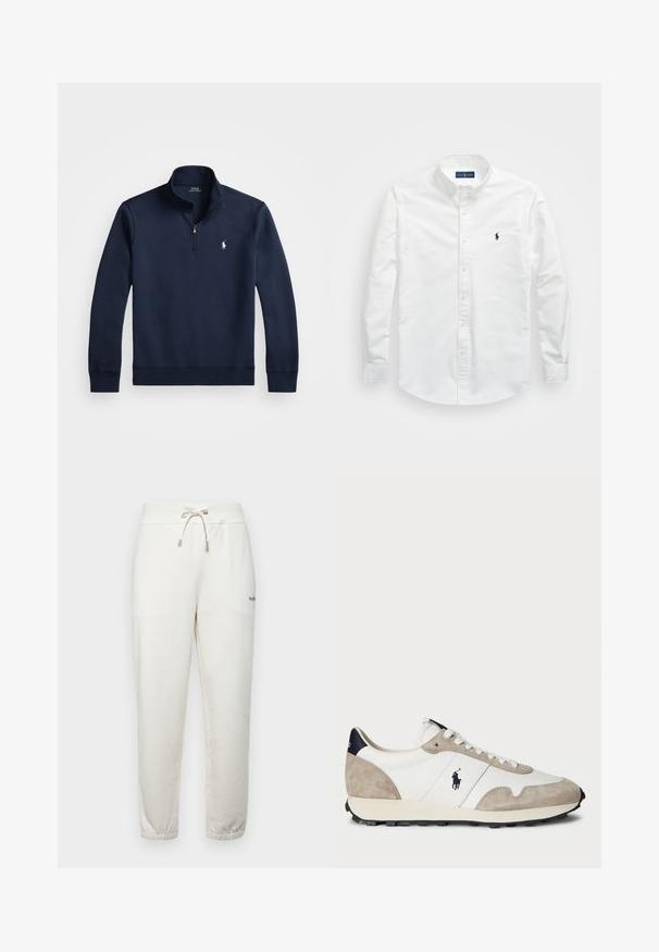 Mörkblå tröja med ståkrage, tillverkad av ett slätt tyg. Har en liten vit logotyp på bröstet och ribbade ärmslut.; Vit skjorta med knappar i bomull. Har en spetsig krage, långa ärmar och en liten marinblå logotyp på bröstet. Slät textur.; Polo Ralph Lauren RELAXED FIT LOGO FLEECE TRACKSUIT BOTTOM - Träningsbyxor - nevis; Vit och beige mockaskor med svart gummi-sula och Polo-logotyp på sidan, sedd från utsidan mot en vit bakgrund.