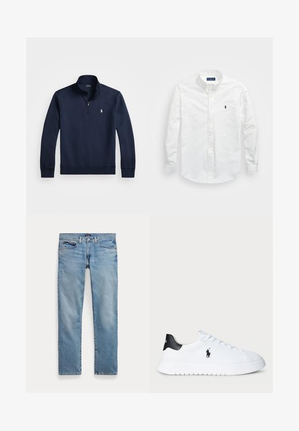Suéter azul marinho com um fecho de zíper até um quarto, feito de um tecido suave. Apresenta um pequeno logótipo branco no peito e punhos canelados.; Camisa branca de botão, feita de algodão. Apresenta um colarinho pontudo, mangas longas e um pequeno logótipo azul-marinho no peito. Textura suave.; Jeans de denim azul claro com corte reto, apresentando um fecho com botão, cinco bolsos e um desgaste sutil para textura.; Sapatilhas brancas de cano baixo com tabuleiro de calcanhar preto e logótipo da Polo Ralph Lauren em preto na lateral, apresentando atacadores brancos e sola de borracha grossa.